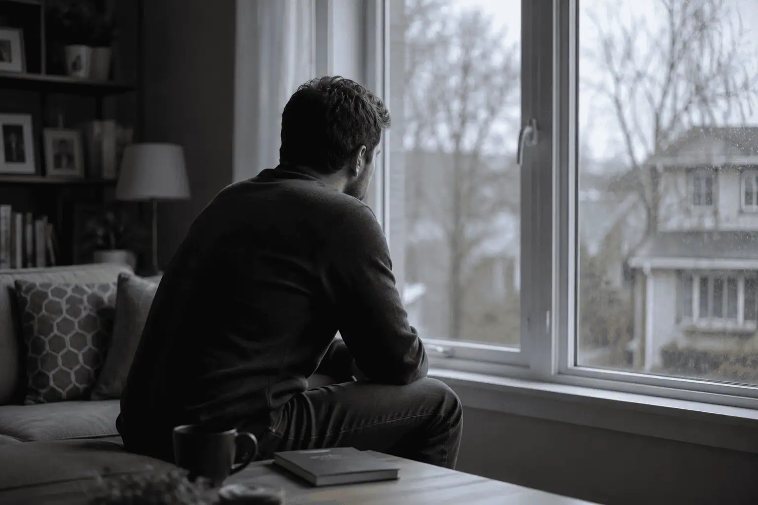 image of an adult man at home, subtly conveying mental health struggle