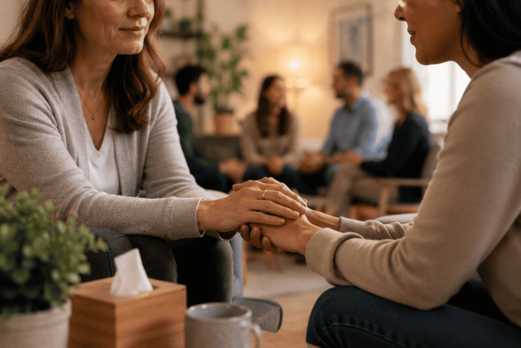 image of two women in a counseling session, seated across from each other in a therapy office