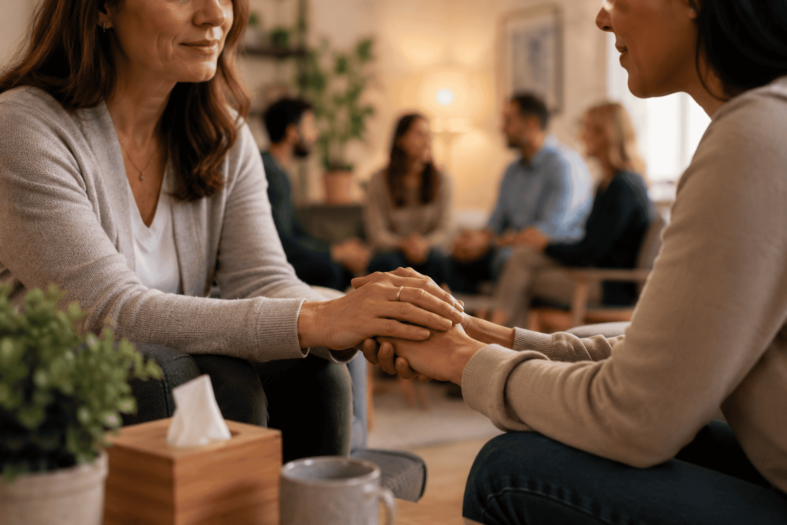image of two women in a counseling session, seated across from each other in a therapy office