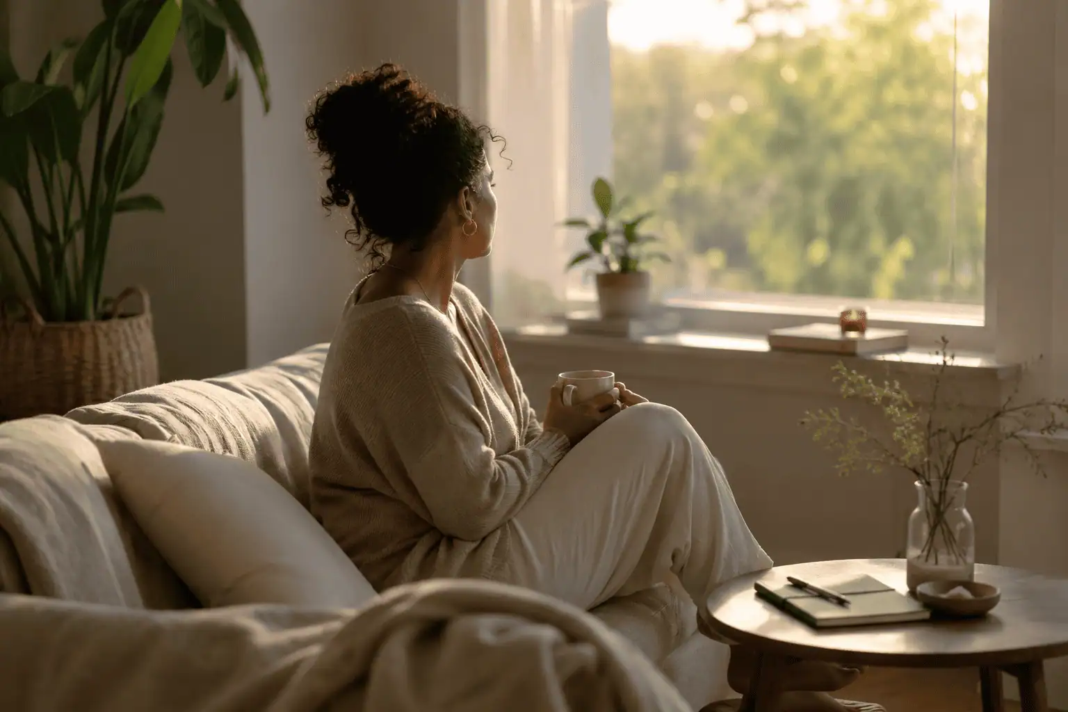 Adult woman in a peaceful home environment, taking time to rest and focus on self-care in recovery