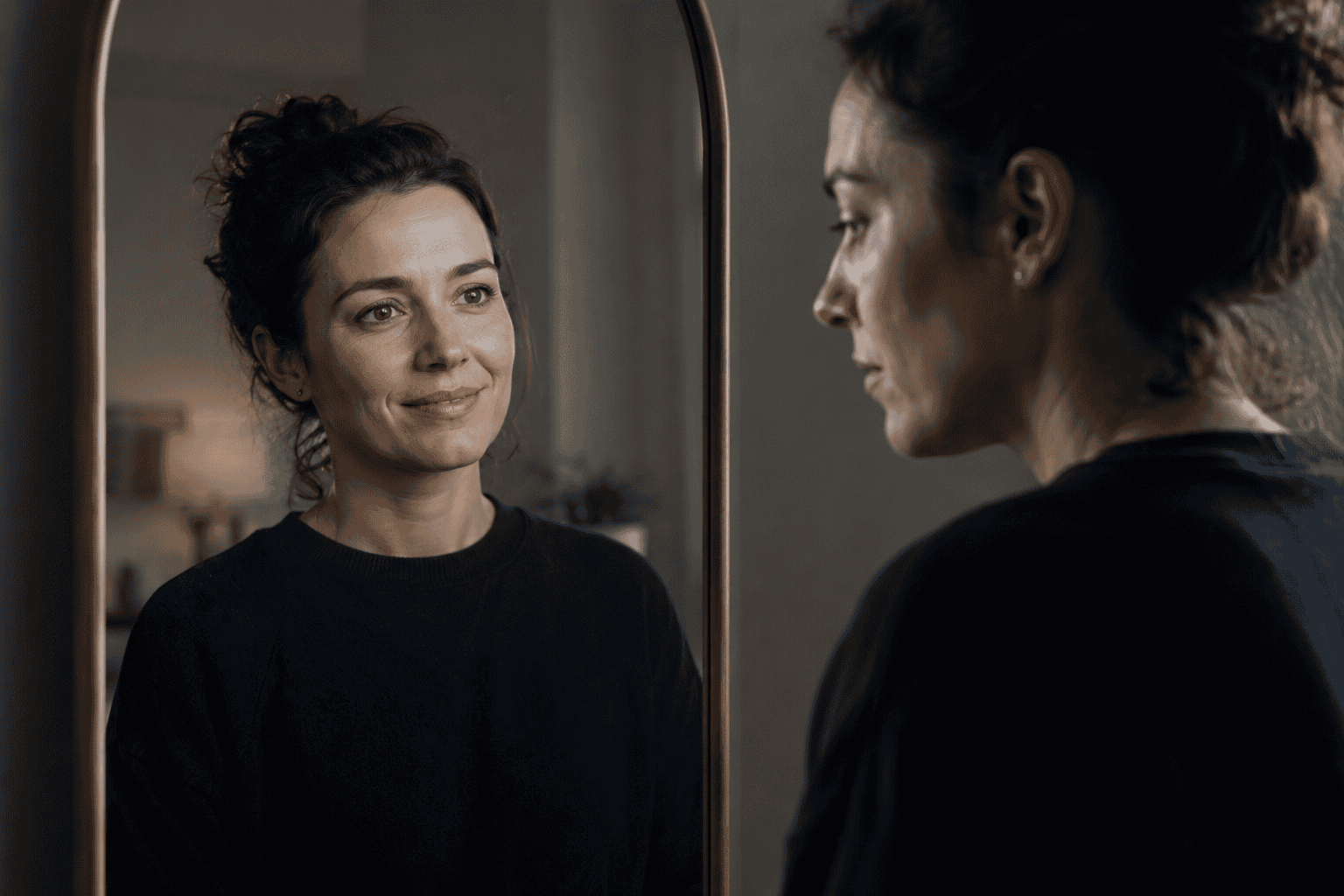 Person looking into a mirror where their reflection shows a gentle smile while their real face appears tired and neutral, highlighting a contrast between outward expression and hidden emotion