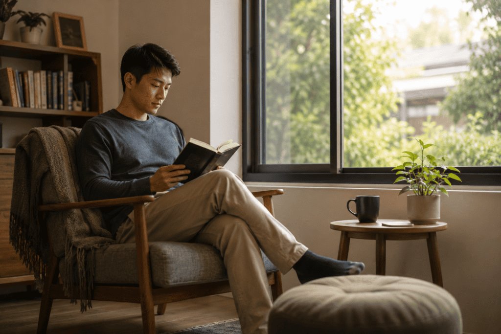 adult Asian man resting at home while reading a book near a window