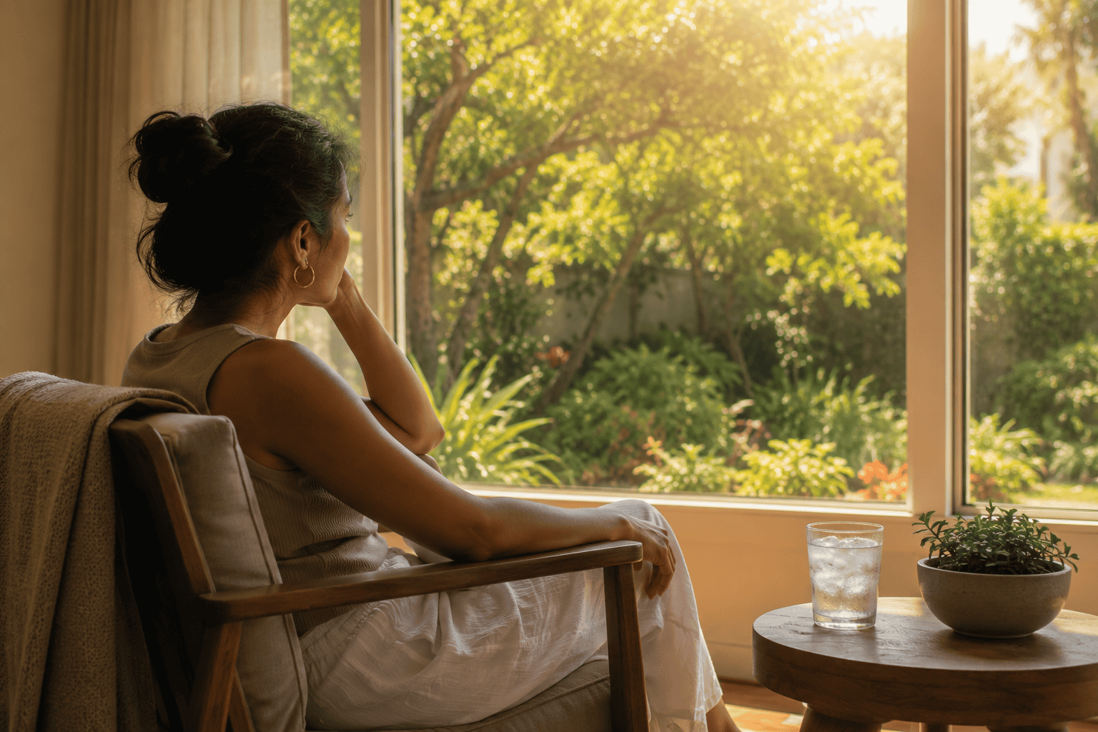 adult sitting alone outdoors at home, reflecting the emotional impact of hot weather
