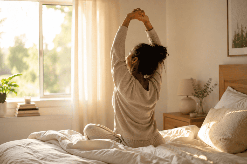 woman sitting on the bed, looking relaxed and appears to have just woken up
