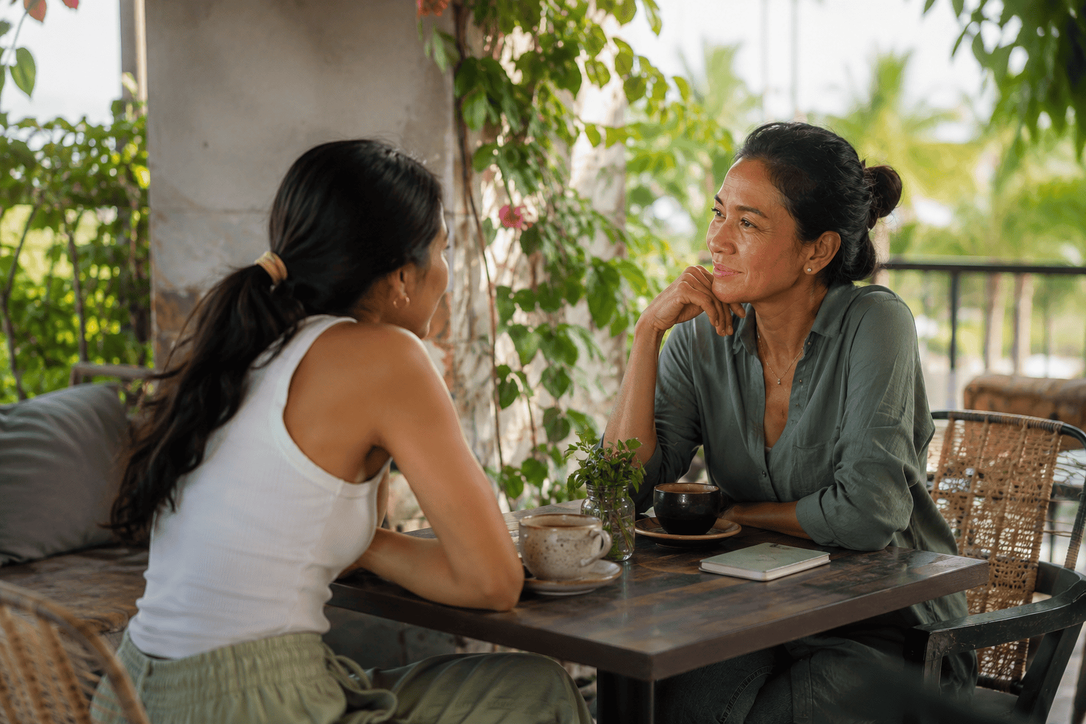 two adult family members (mother and daughter) sitting together in a bright, welcoming café or peaceful outdoor terrace, sharing a warm and genuine conversation
