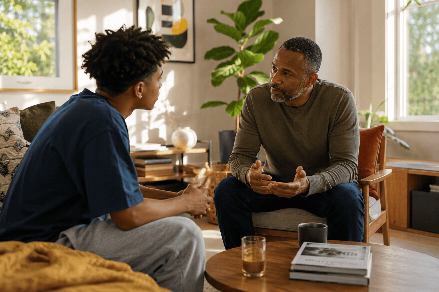 a diverse young adult and an older family member having a calm but serious conversation in a bright, welcoming contemporary living room
