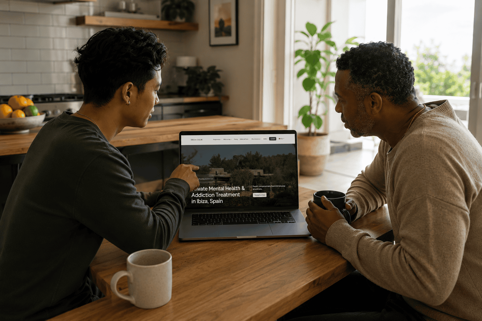 parent and adult family member sitting together at a bright kitchen table, calmly looking through information on a laptop
