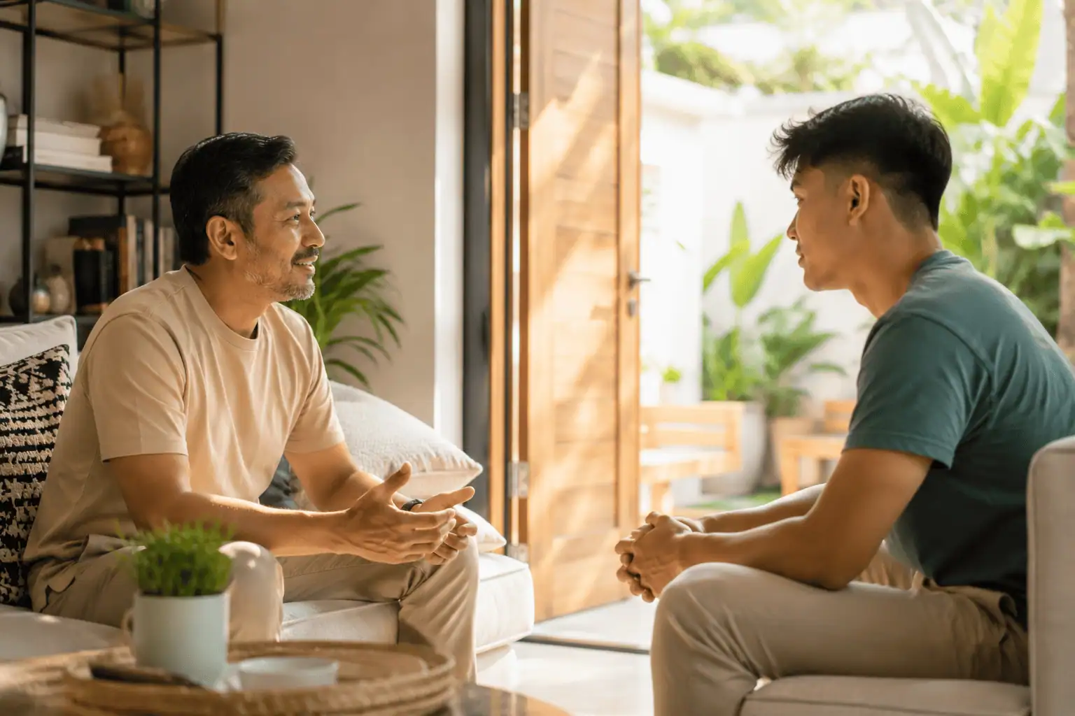 photograph of a diverse young adult sitting alone in a comfortable, sunlit room while a supportive family member stands or sits nearby with an open, welcoming posture, leaving physical and emotional space rather than pressuring them to talk