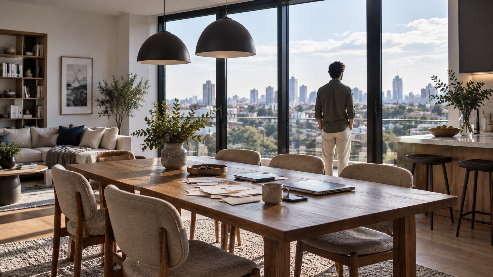 Man looking out over a city from a modern home while unopened letters and paperwork sit on the dining table