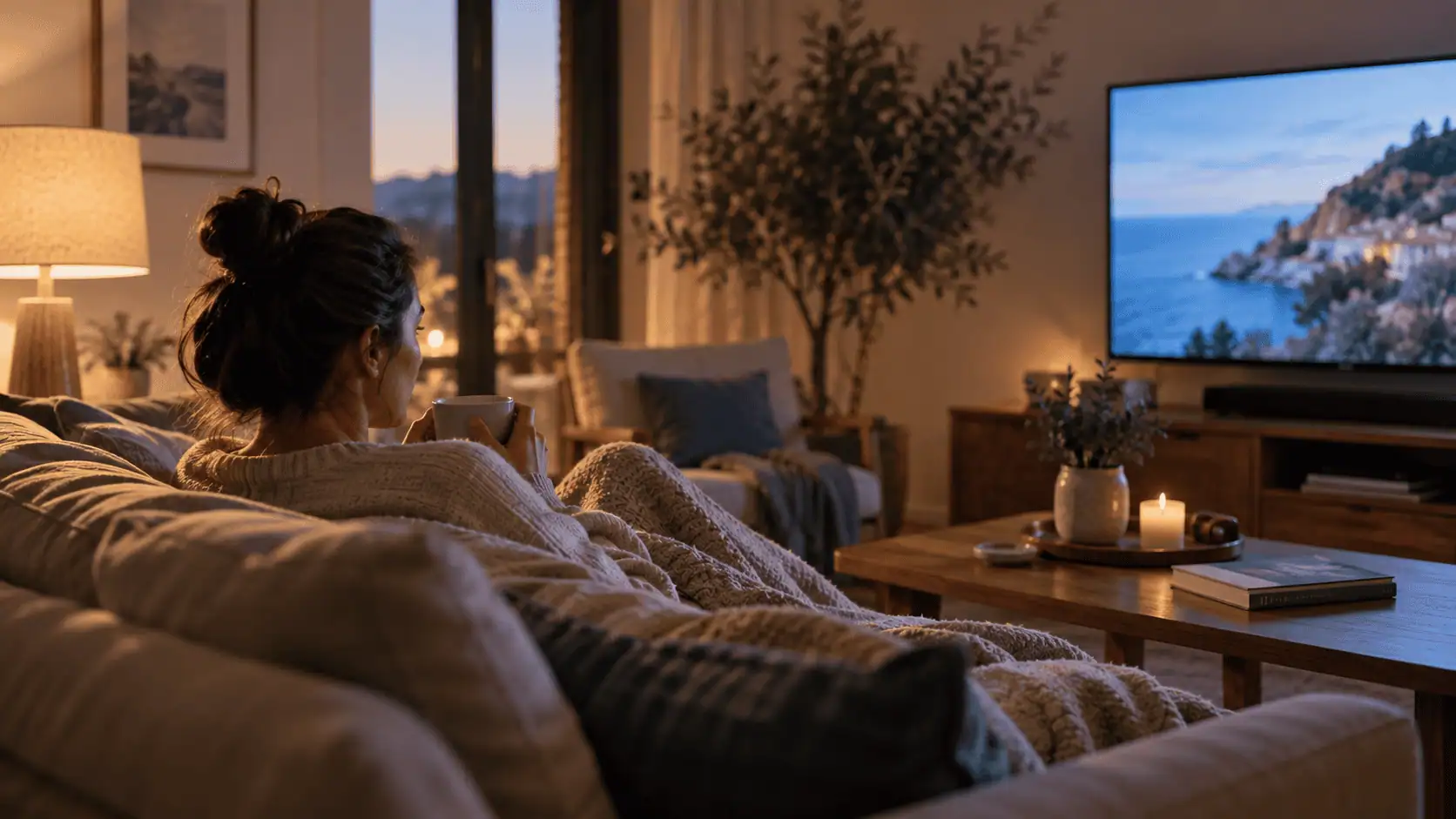 image of a woman sitting alone at home, drinking a cup of coffee, concept of managing emotions and mental health