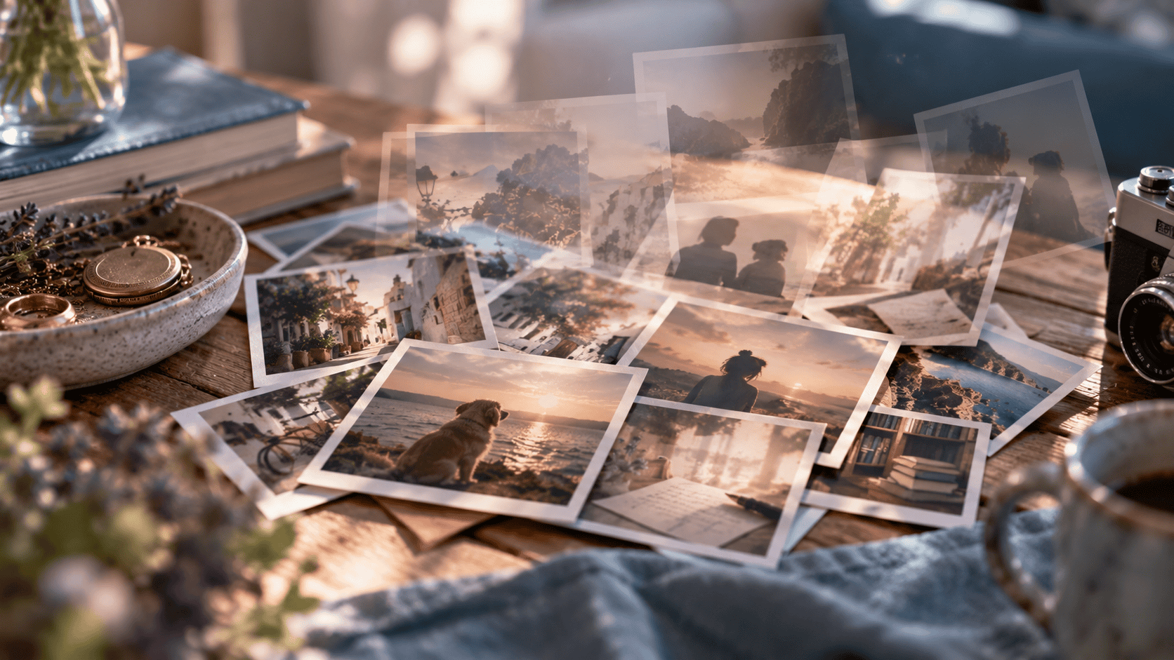 Old photographs and personal keepsakes on a wooden table, with translucent overlapping images symbolising how past experiences and memories stay with us