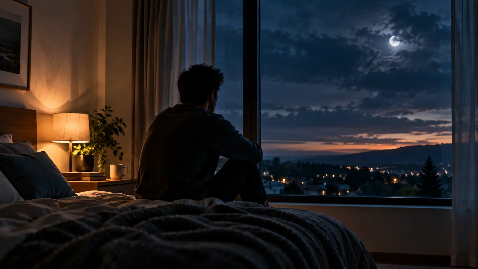 Man sitting quietly on his bed, looking out of a bedroom window at the darkening night sky, reflecting the impact of seasonal changes on mood and mental wellbeing.