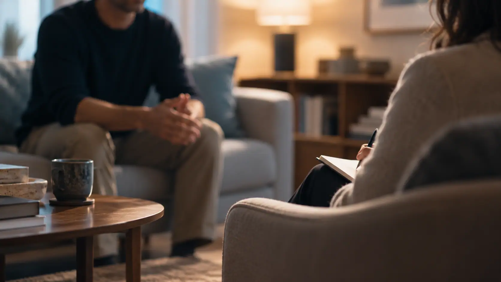 A man speaking with a therapist in a private counselling session, with faces obscured to convey confidentiality and personalised mental health care.